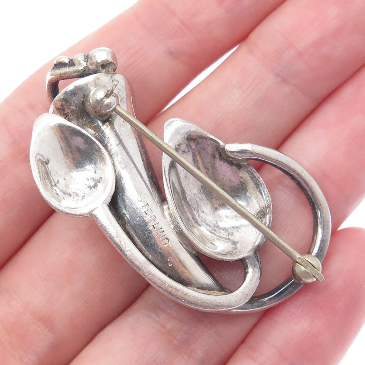 925 Sterling Silver Vintage Modernist Flower Oxidized Pin Brooch