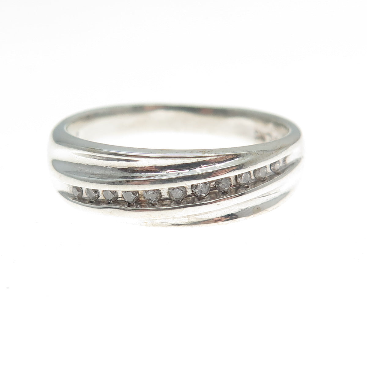 925 Sterling Silver Real Round-Cut Diamond Modernist Ring Size 9.25