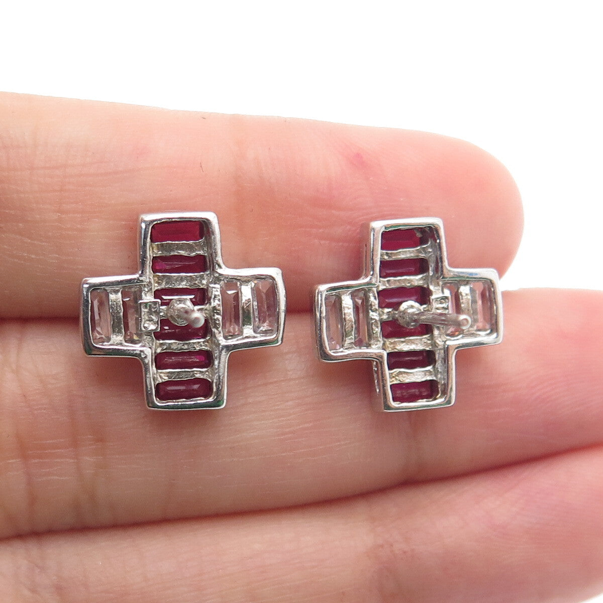925 Sterling Silver Lab-Created Ruby & C Z "X" Shape Earrings