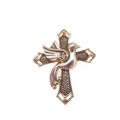 925 Sterling Silver 2-Tone Vintage Real Diamond Holy Spirit Cross Slide Pendant