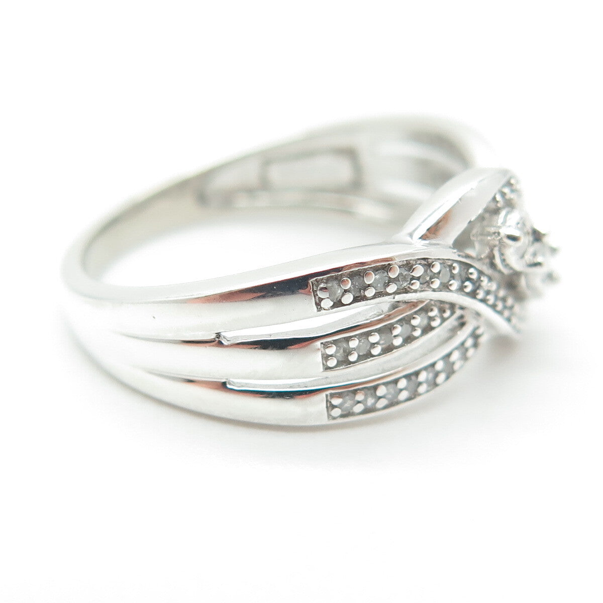 925 Sterling Silver Real Round-Cut Diamond Bypass Ring Size 8.25