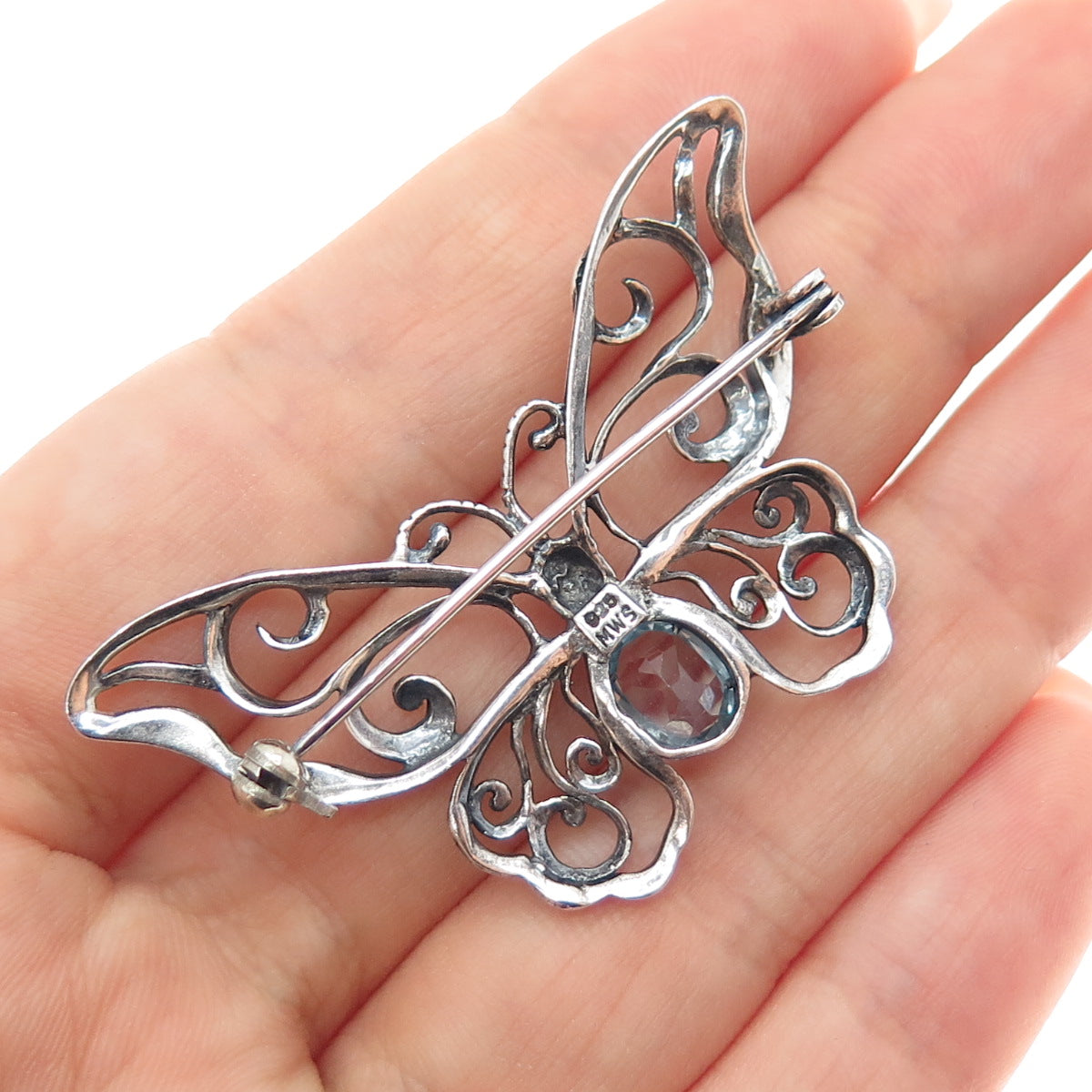 Mark Wasserman Samara Sterling Silver Vintage Real Blue Topaz Butterfly Brooch