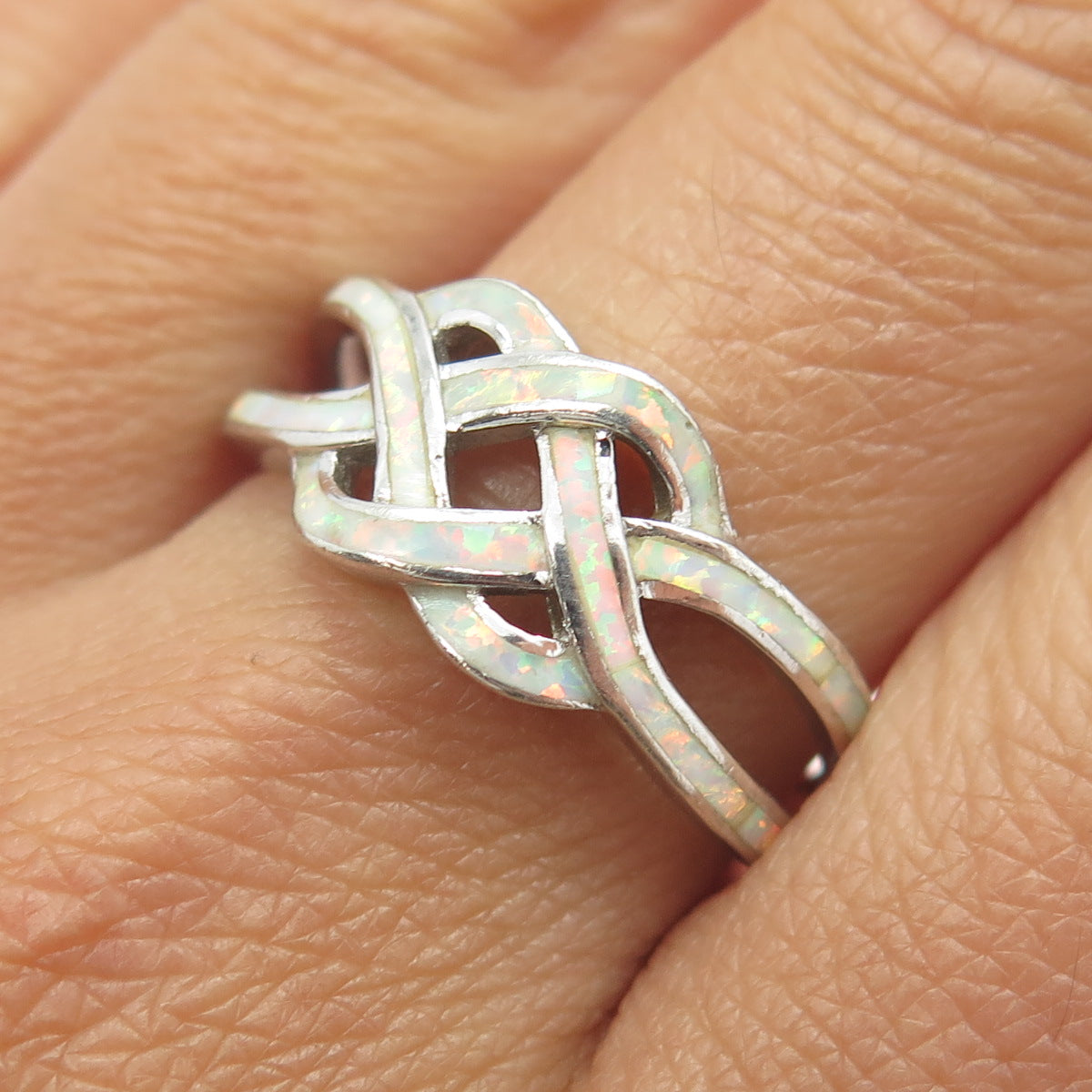 925 Sterling Silver Real Opal Celtic Love Knot Ring Size 9.75