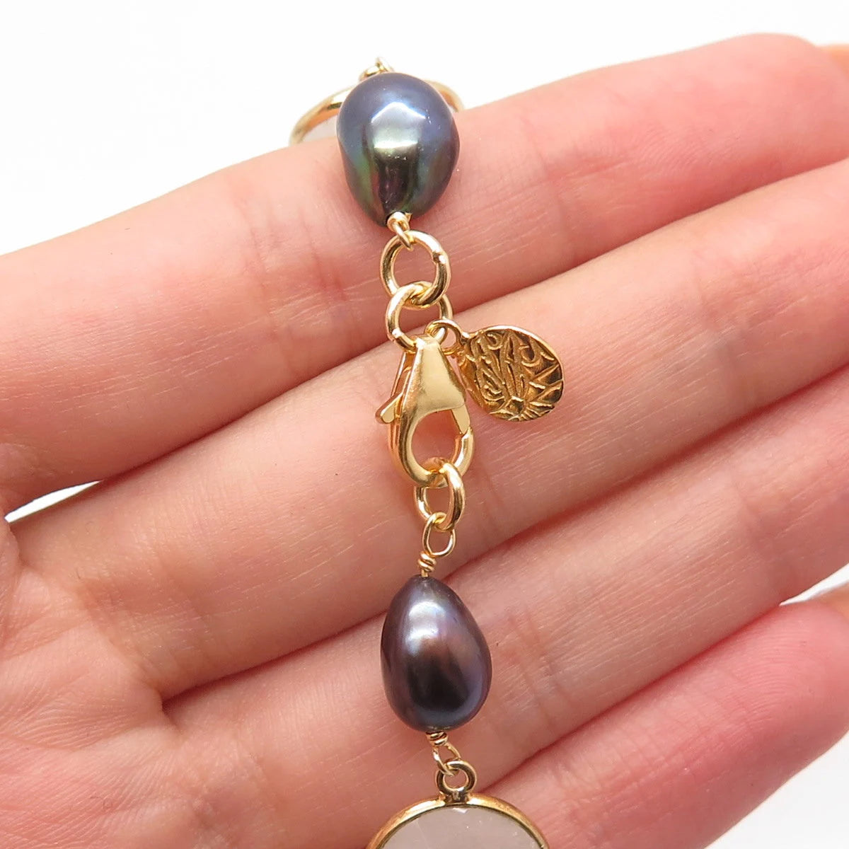 925 Sterling Silver Gold Plated Vintage MLD Pearl & Moonstone Gem Necklace 32"