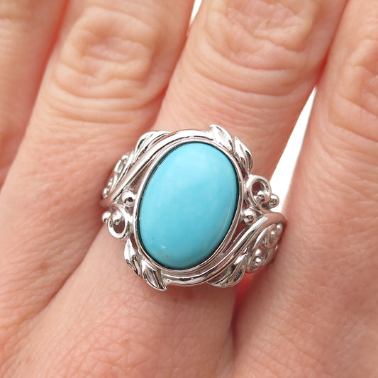 925 Sterling Silver Real Sleeping Beauty Turquoise Floral Ring Size 8.25