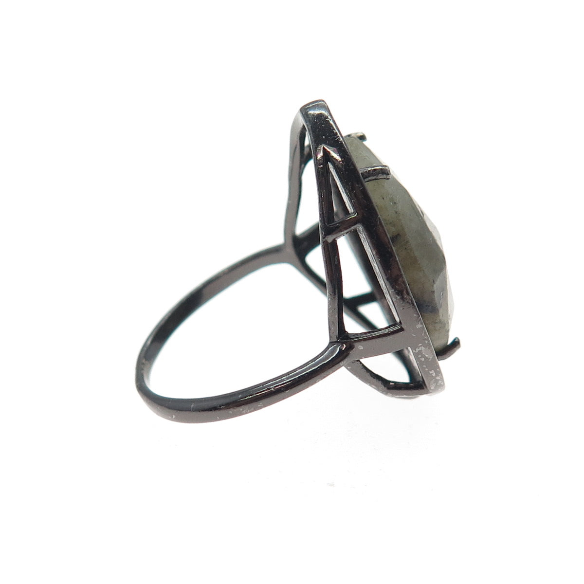 925 Sterling Silver Black Rhodium Real Labradorite & C Z Teardrop Ring Size 9.25