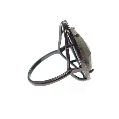 925 Sterling Silver Black Rhodium Real Labradorite & C Z Teardrop Ring Size 9.25