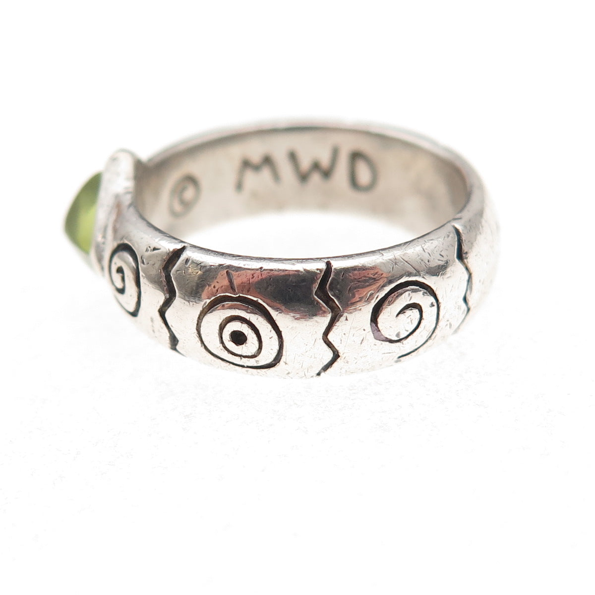 925 Sterling Silver Vintage MWD Real Peridot Spiral Oxidized Ring Size 6