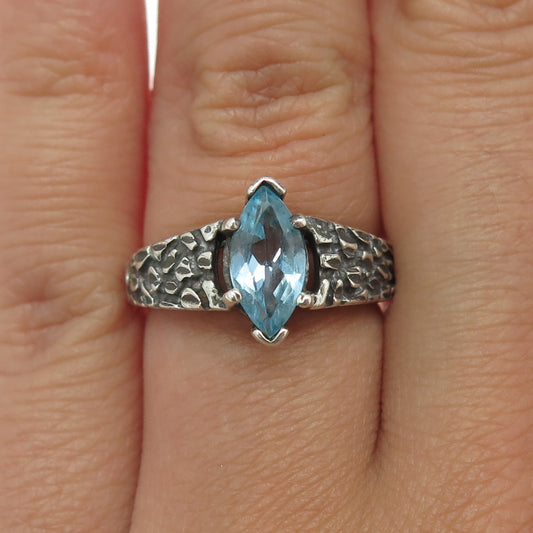 KABANA Sterling Silver Vintage Real Marquise-Cut Blue Topaz Nugget Ring Size 6