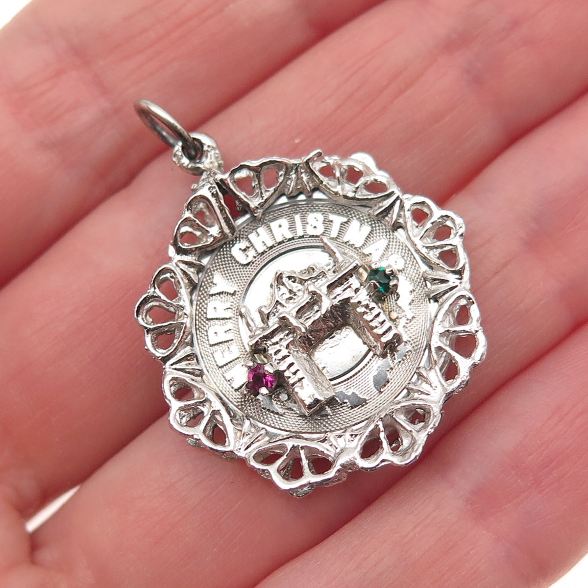 925 Sterling Silver Vintage Rhinestone Fireplace Merry Christmas Charm Pendant