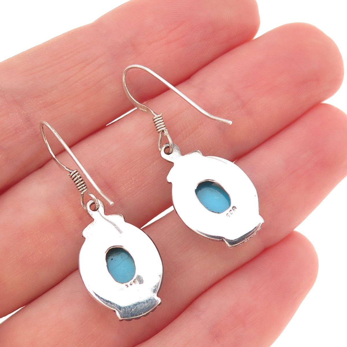 925 Sterling Silver Vintage Real Sleeping Beauty Turquoise Dangle Earrings