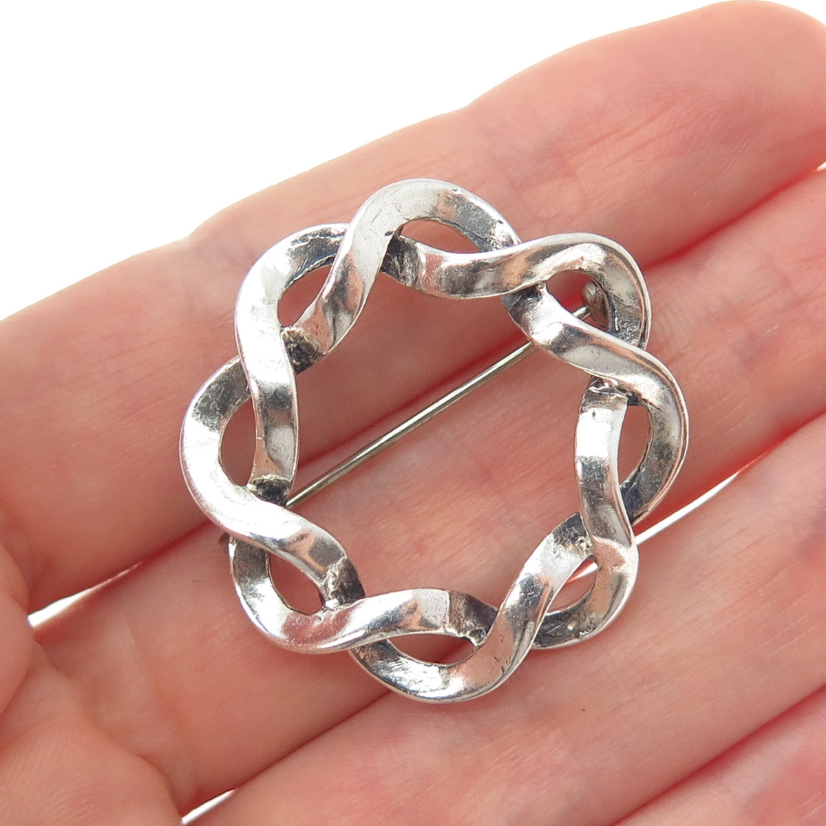 BEAU 925 Sterling Silver Vintage Modernist Woven Circle Oxidized Pin Brooch