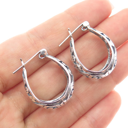 925 Sterling Silver Vintage Flower Oxidized Hoop Earrings