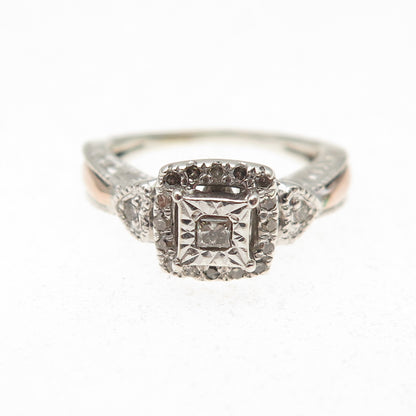 925 Sterling Silver 14K Rose Gold Real Diamond Engagement Ring Size 3.75