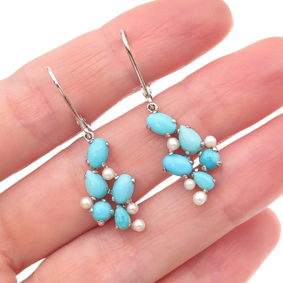 925 Sterling Silver Real Turquoise & Pearl Cluster Dangle Earrings