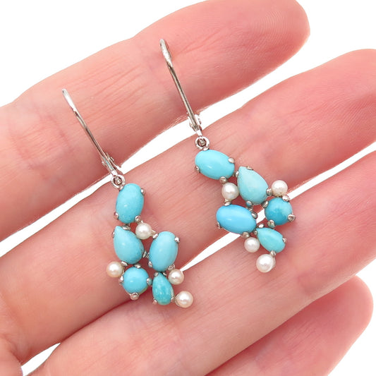925 Sterling Silver Real Turquoise & Pearl Cluster Dangle Earrings