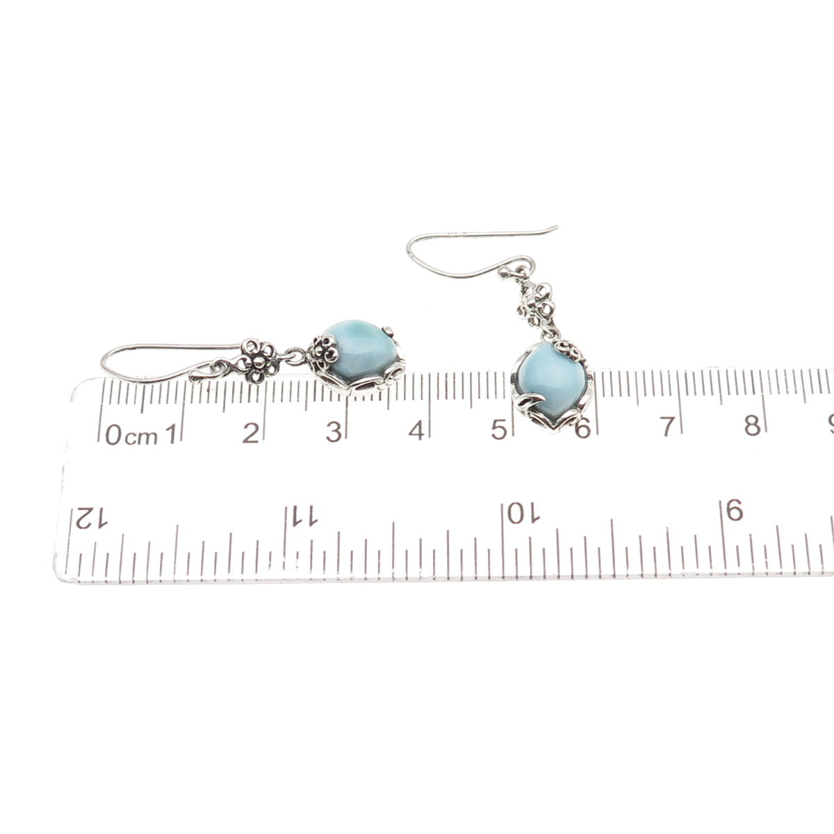 925 Sterling Silver Vintage Real Larimar Floral Dangle Earrings