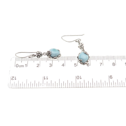925 Sterling Silver Vintage Real Larimar Floral Dangle Earrings