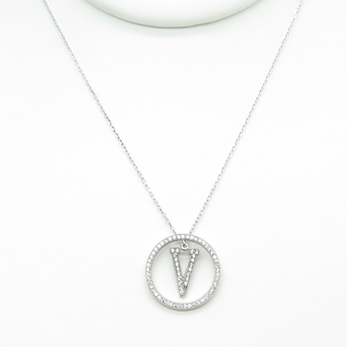 925 Sterling Silver Round-Cut C Z Letter "V" Initial Cable Chain Necklace 16-18"