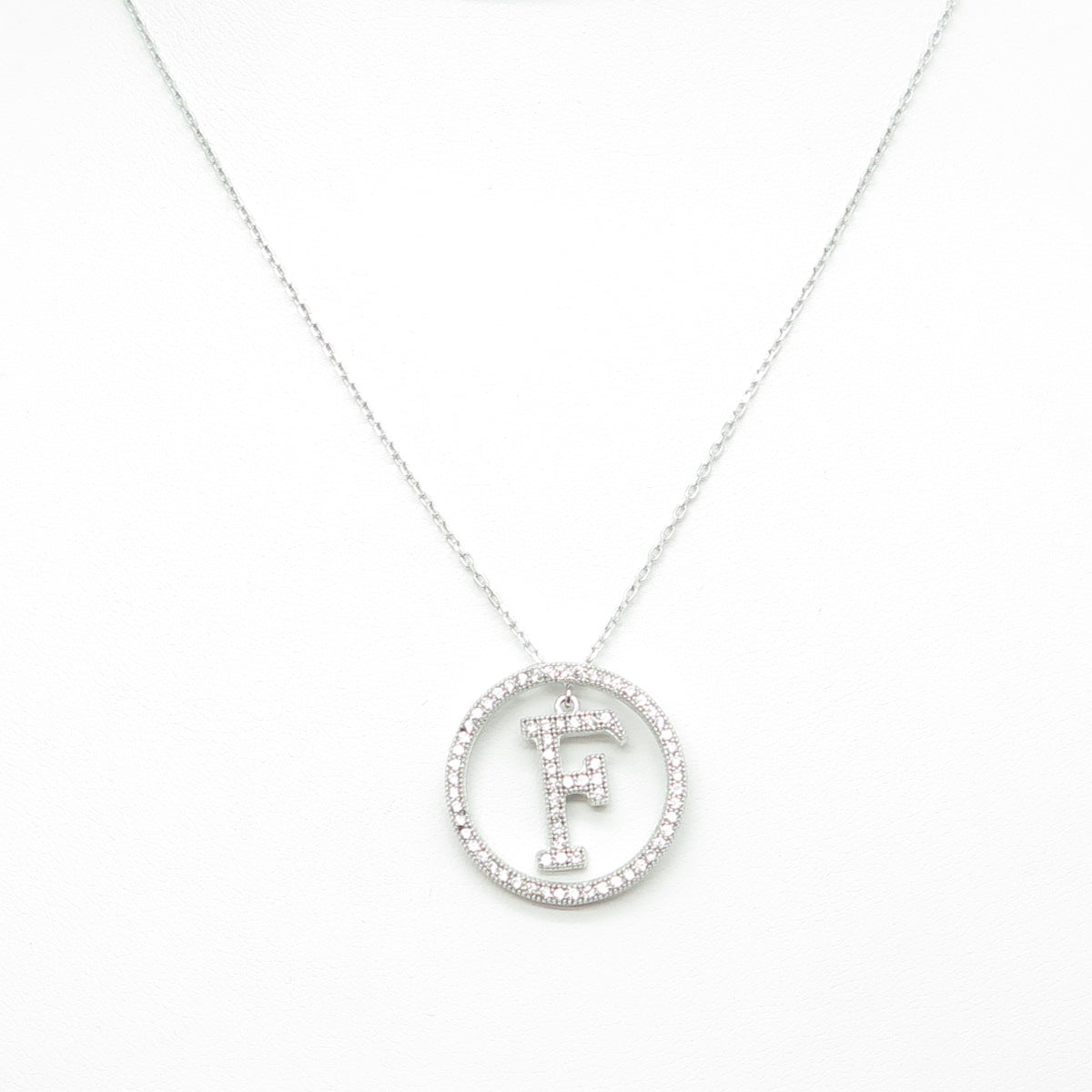 925 Sterling Silver Round-Cut C Z Letter "F" Initial Cable Chain Necklace 16-18"