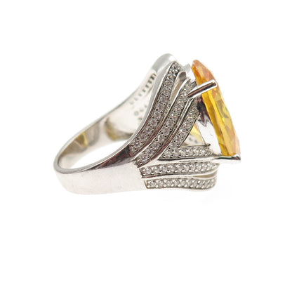 925 Sterling Silver Oval-Cut Canary & Round-Cut White C Z Ring Size 7