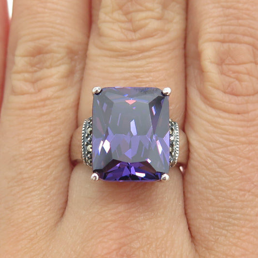 925 Sterling Silver Vintage Real Marcasite Gem & Lavender C Z Ring Size 6.75