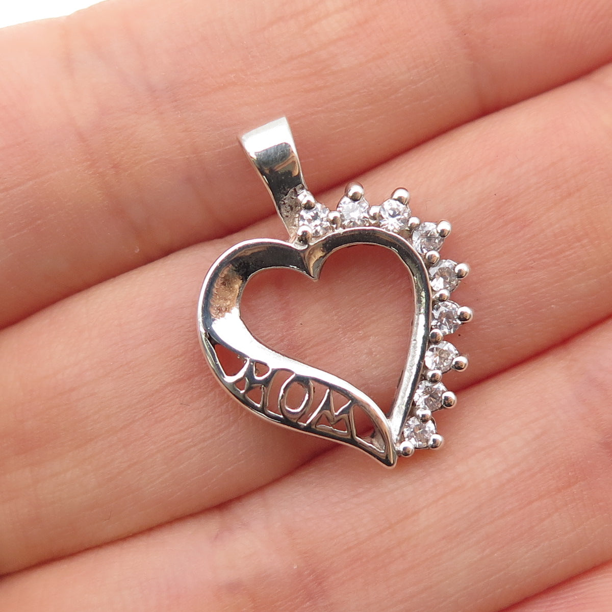 925 Sterling Silver Round-Cut C Z Mom Heart Mini Charm Pendant