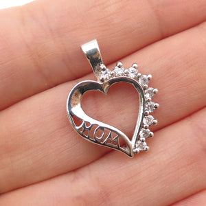 925 Sterling Silver Round-Cut C Z Mom Heart Mini Charm Pendant