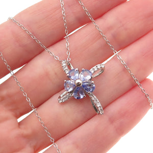Chuck Clemency 925 Sterling Silver Real Tanzanite White Topaz Cross Necklace 20"