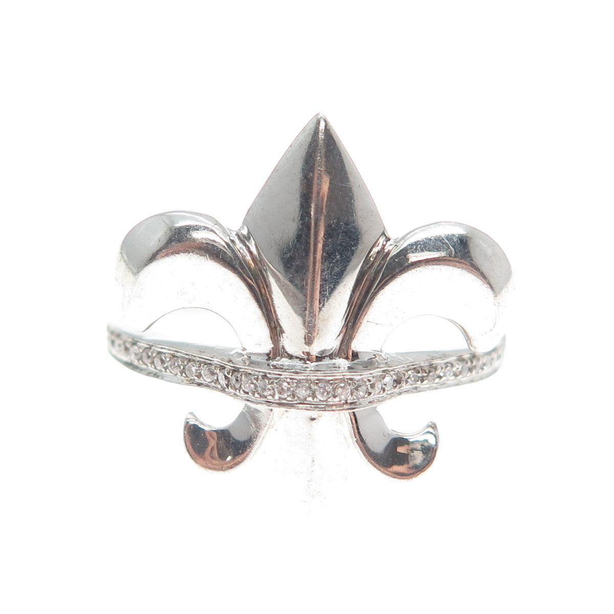 925 Sterling Silver Round-Cut Shaped C Z Fleur-de-Lis Ring Size 8.5