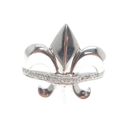 925 Sterling Silver Round-Cut Shaped C Z Fleur-de-Lis Ring Size 8.5