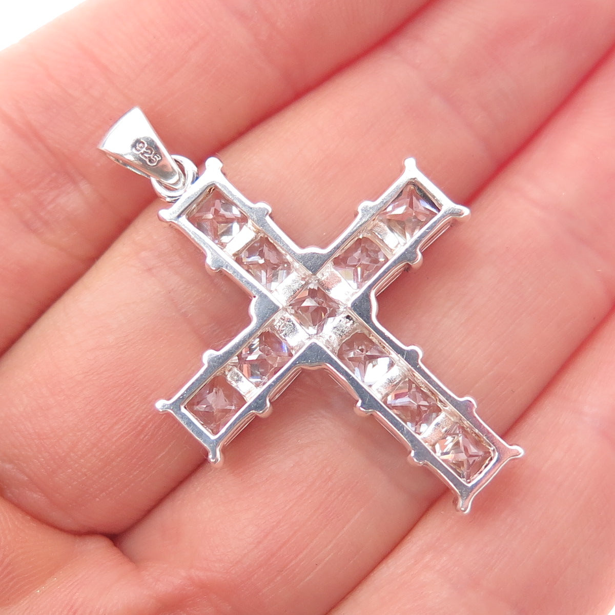 925 Sterling Silver Princess-Cut C Z Cross Charm Pendant