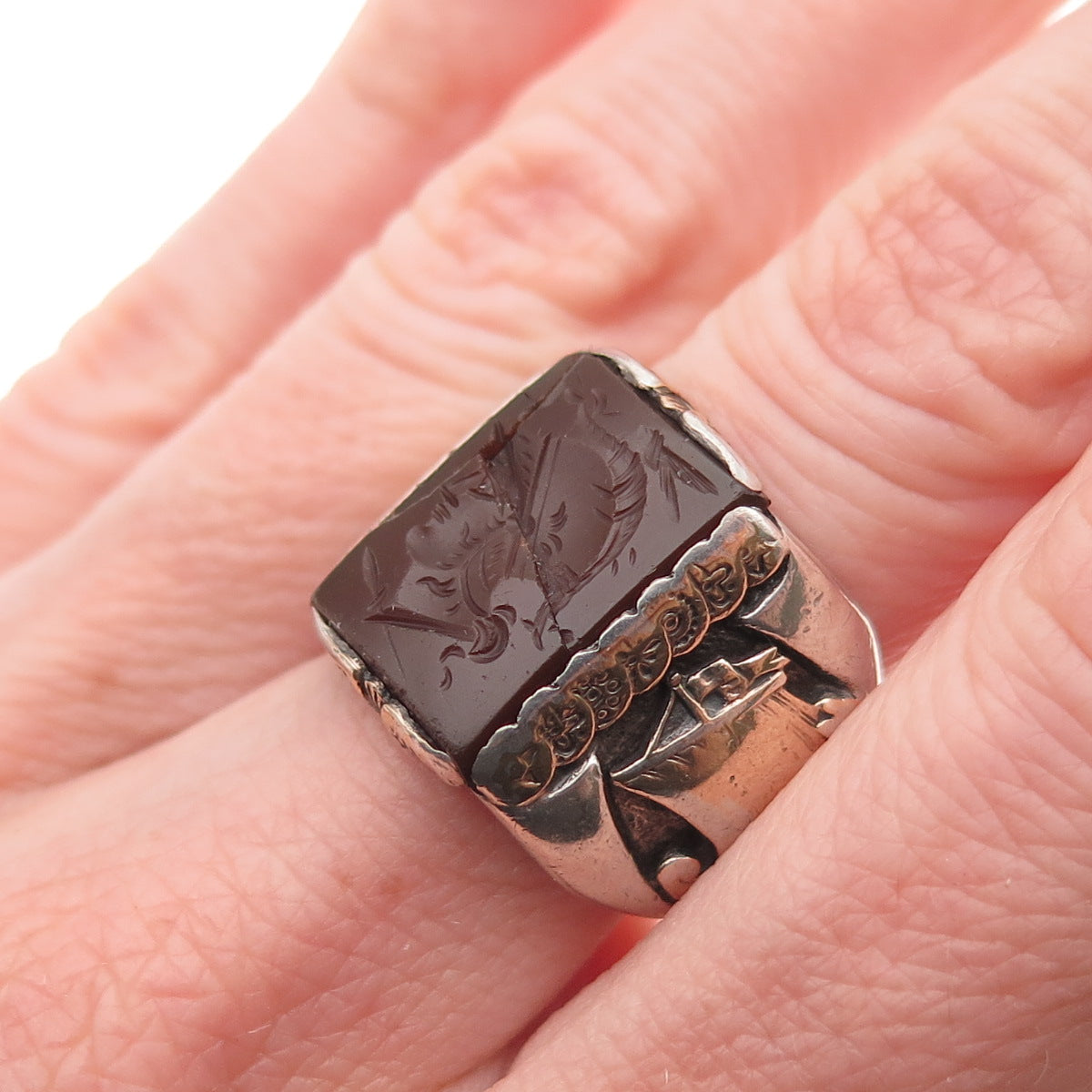 925 Sterling Antique Carnelian Roman Warrior & Sailboat Adjustable Ring Size 7