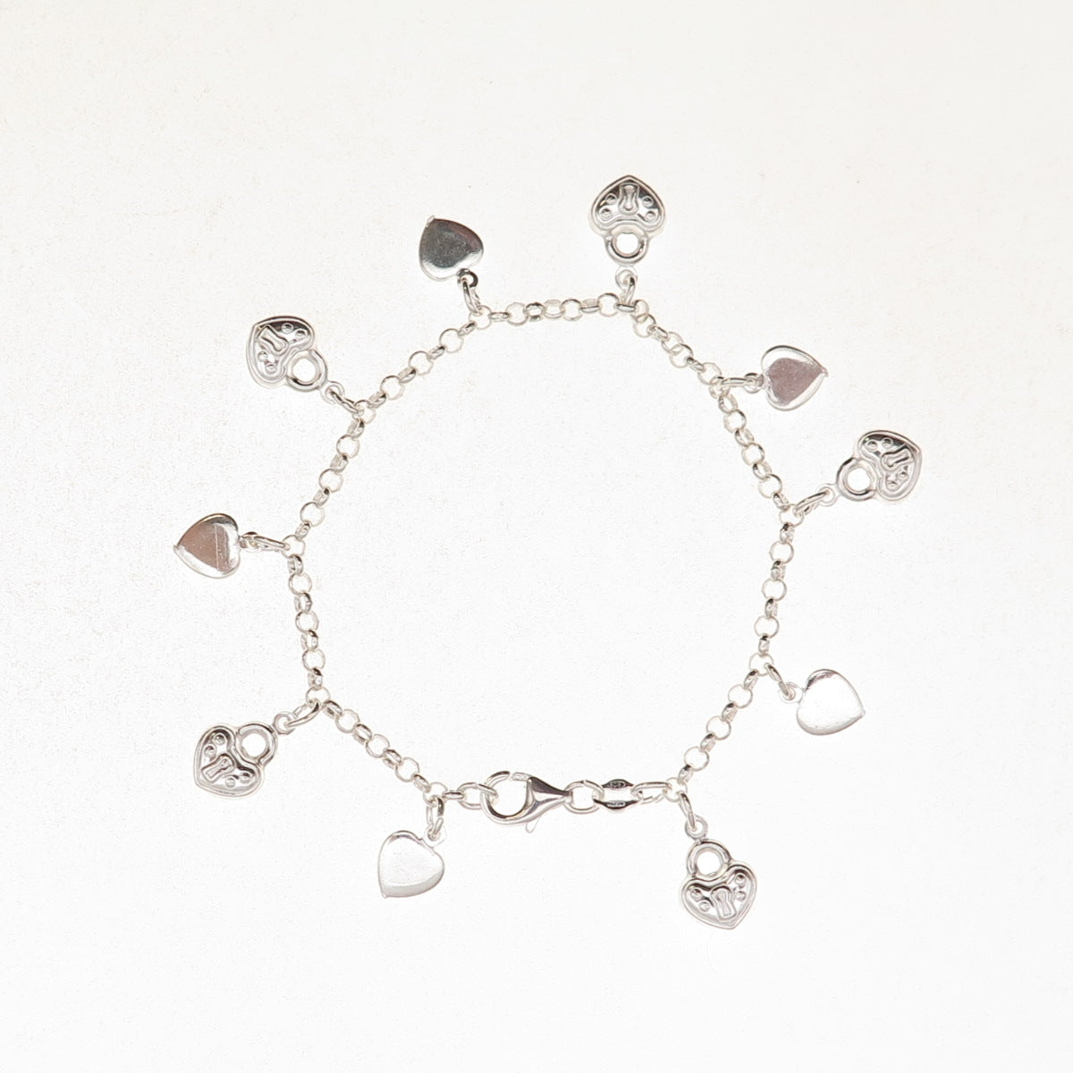 925 Sterling Silver Italy Heart Lock Dangle Charm Bracelet 6.75"
