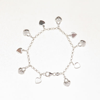 925 Sterling Silver Italy Heart Lock Dangle Charm Bracelet 6.75"