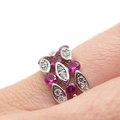 DSMK 925 Sterling Silver Lab-Created Pink Sapphire & C Z Cluster Ring Size 7.25
