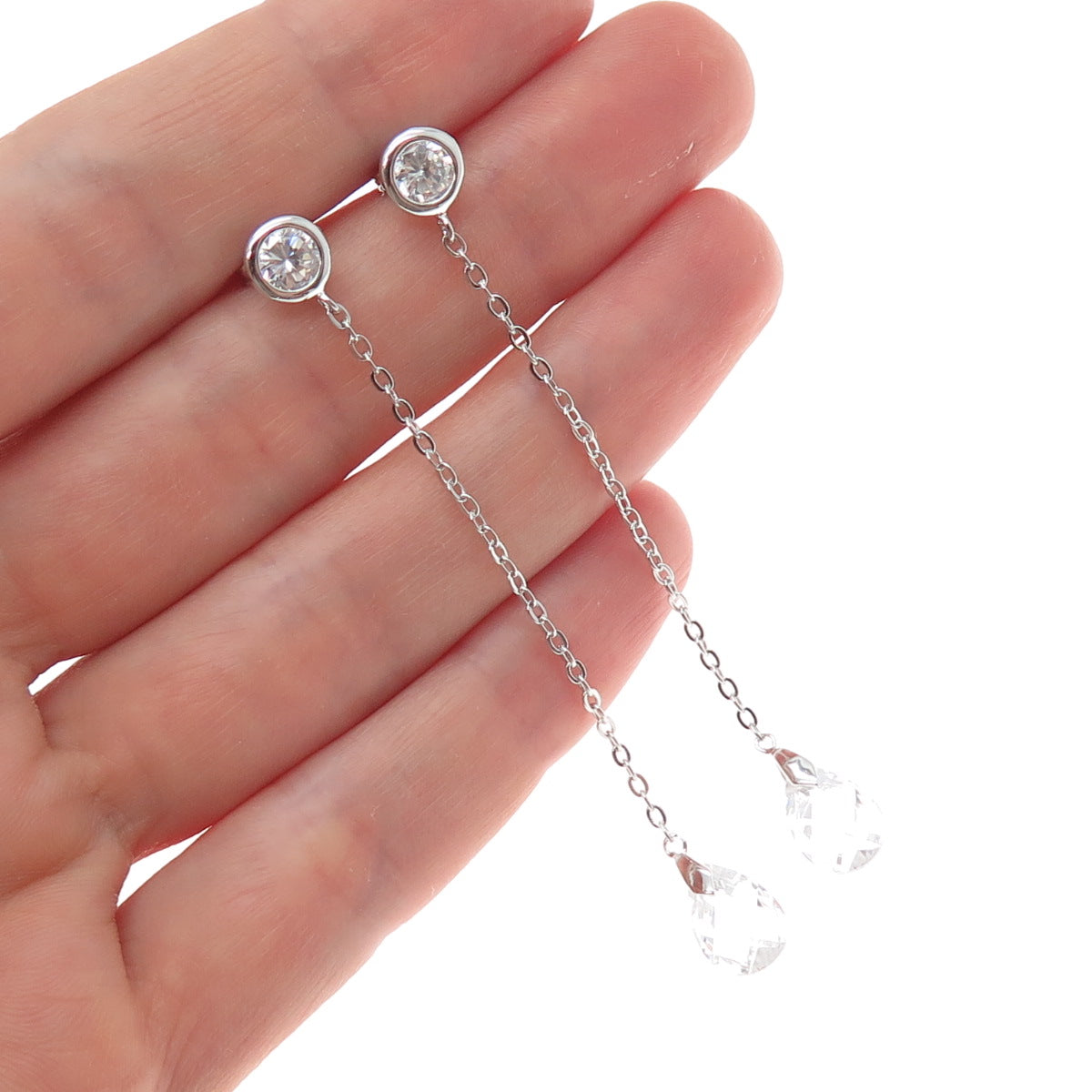 925 Sterling Silver Round & Pear-Cut C Z Chain Drop Dangle Earrings