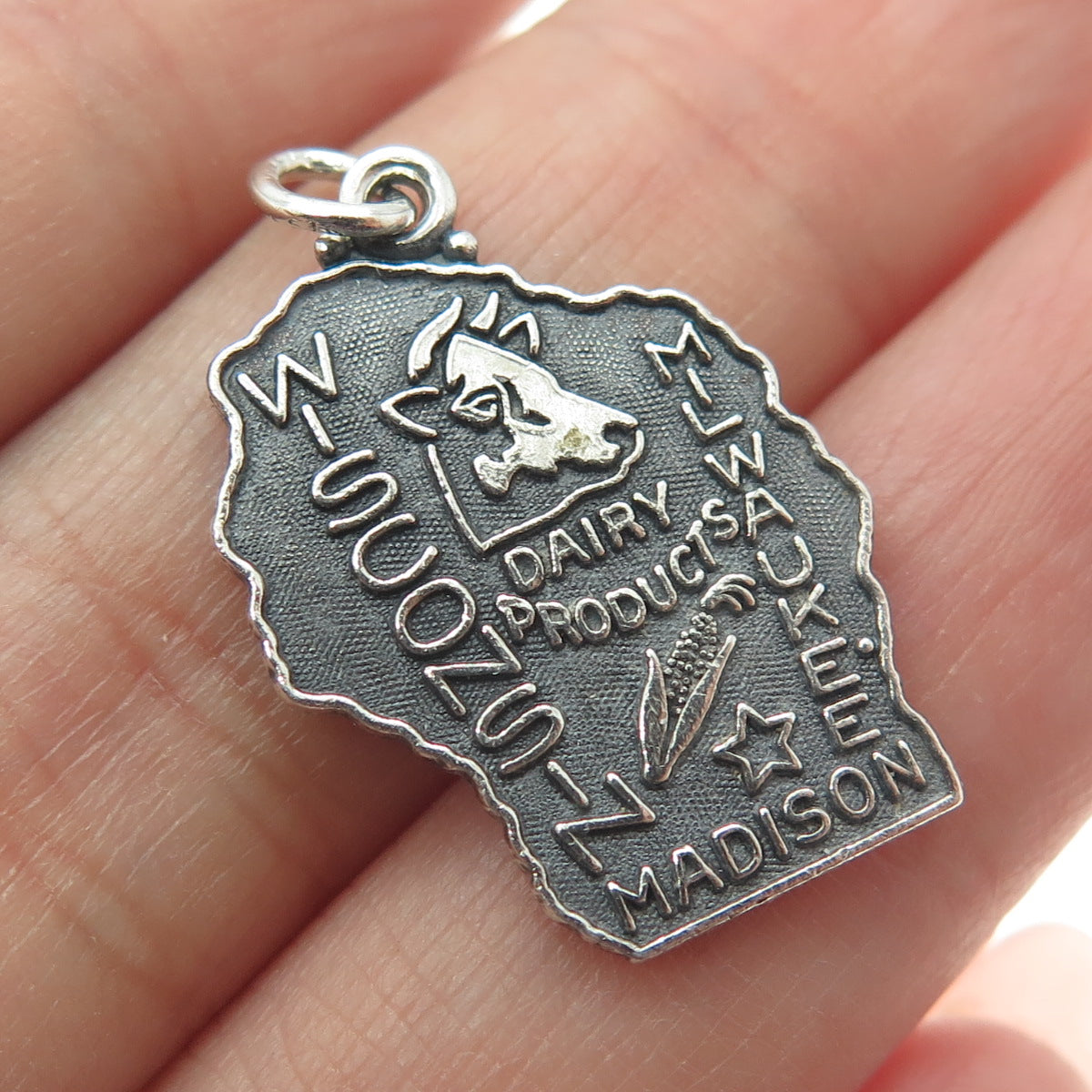 J.M. FISHER Sterling Silver Vintage Wisconsin Dairy Products Oxidized Pendant