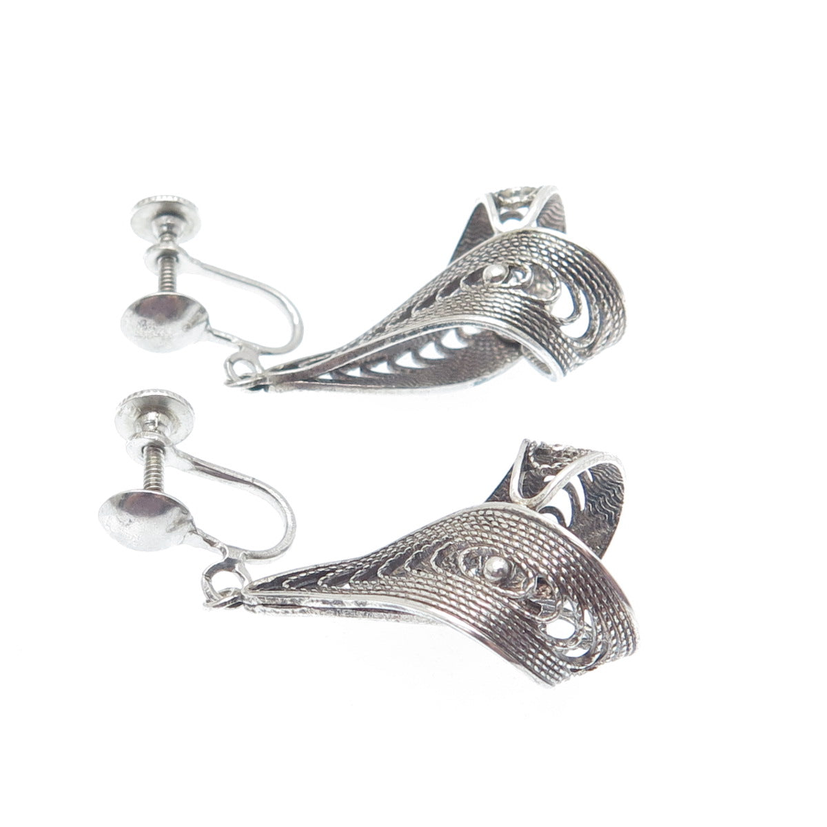 925 Sterling Silver Antique Art Deco Filigree Twisted Dangle Screw Back Earrings