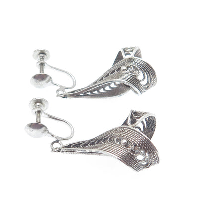 925 Sterling Silver Antique Art Deco Filigree Twisted Dangle Screw Back Earrings