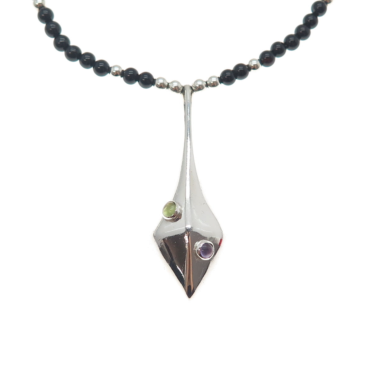 925 Sterling Silver Vintage Real Black Onyx Amethyst Peridot Beaded Necklace 18"