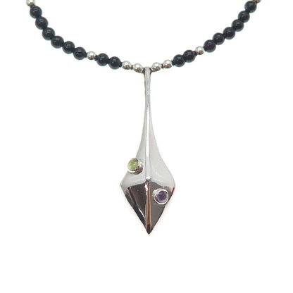 925 Sterling Silver Vintage Real Black Onyx Amethyst Peridot Beaded Necklace 18"