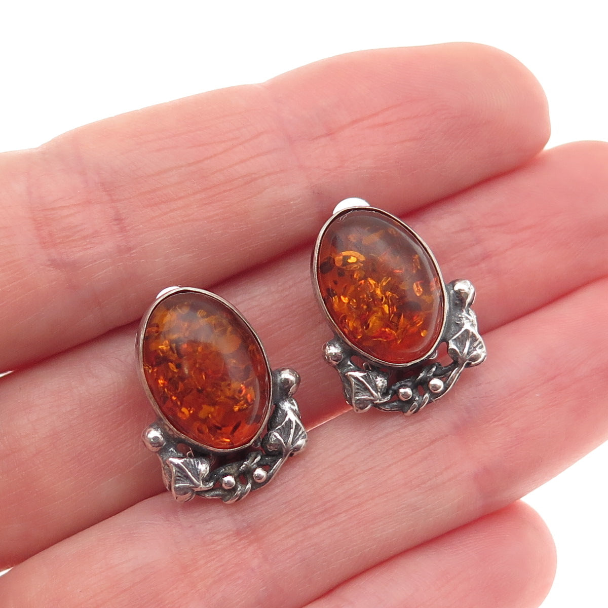 925 Sterling Silver Vintage BC Poland Real Amber Modernist Clip On Earrings