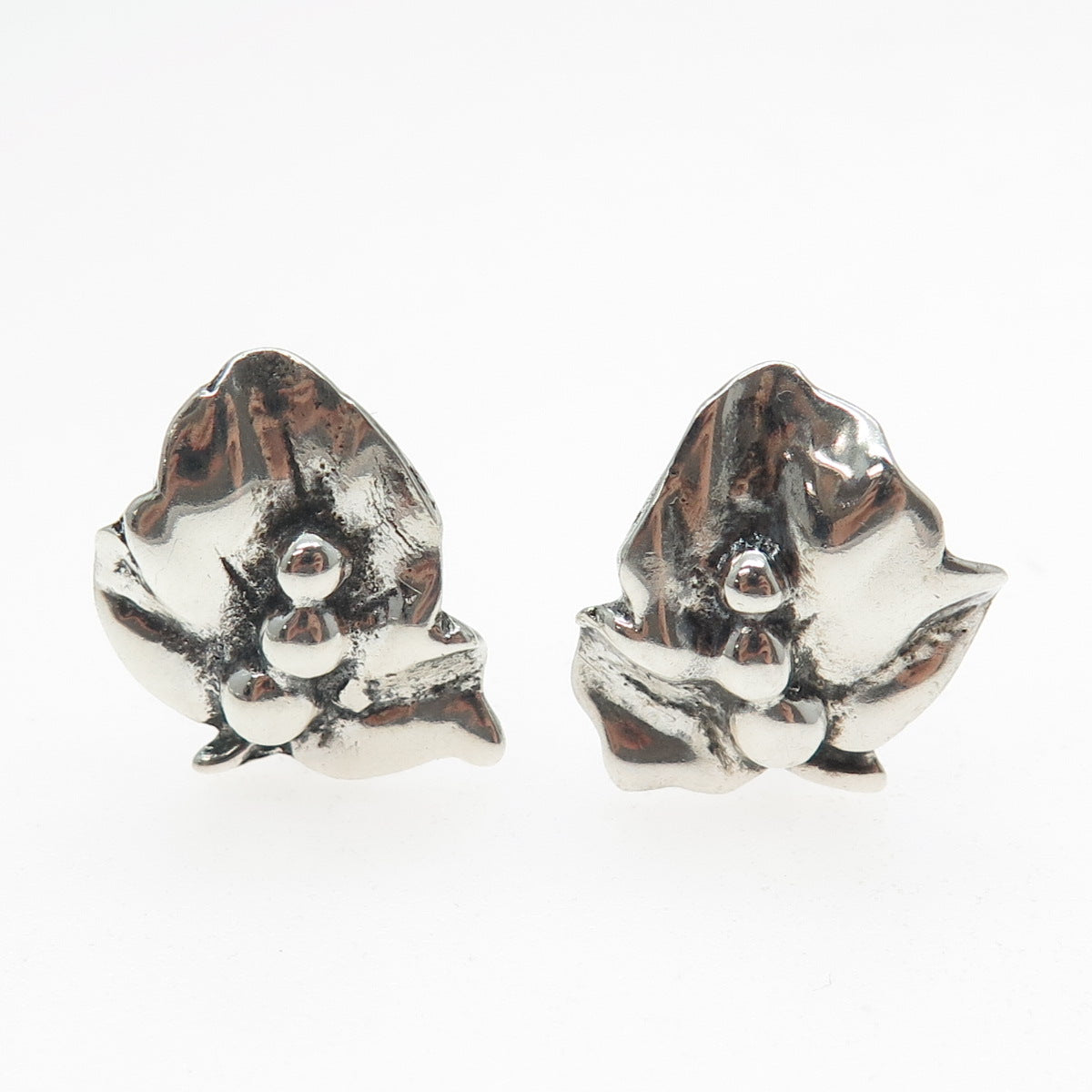 925 Sterling Silver Vintage Lily Flower Oxidized Screw Back Earrings