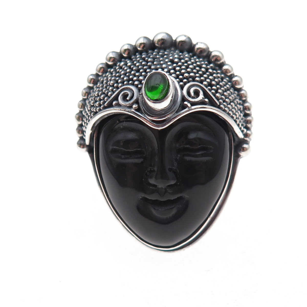 Sajen Sterling Silver Vintage Onyx & Tourmaline Goddess Adjustable Ring Size 8.5