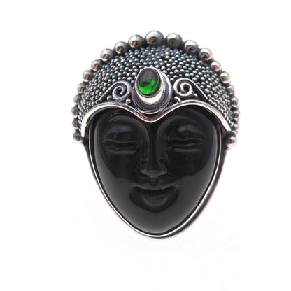 Sajen Sterling Silver Vintage Onyx & Tourmaline Goddess Adjustable Ring Size 8.5