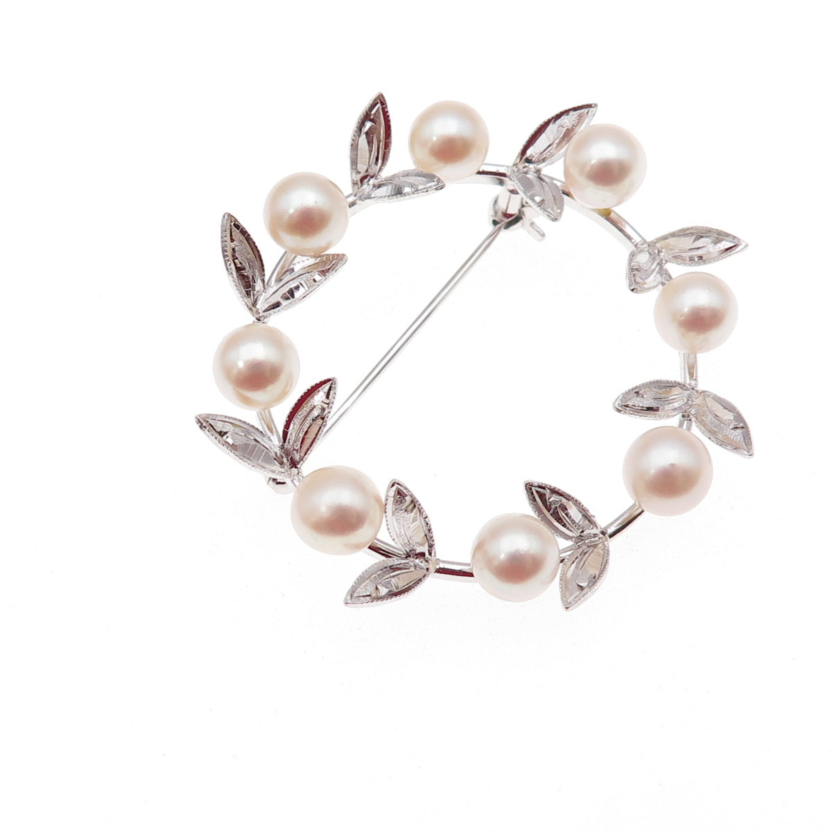 925 Sterling Silver Antique Art Deco Real Akoya Pearl Floral Circle Pin Brooch