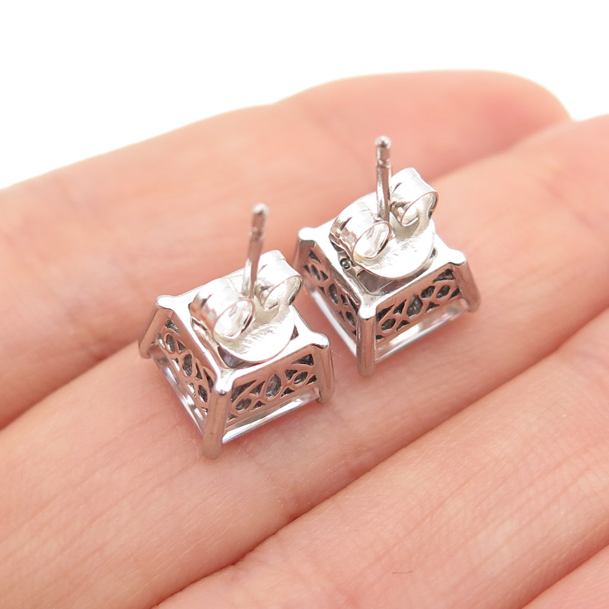 925 Sterling Silver Princess-Cut C Z Stud Earrings