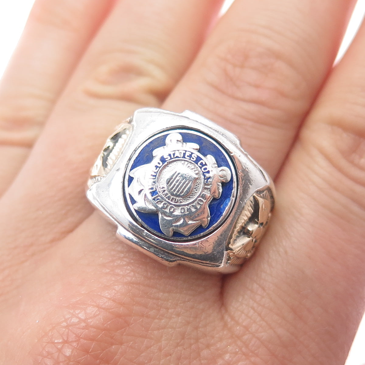 Plainville Stock 10K Gold Sterling Vintage Enamel US Coast Guard Ring Size 10.5