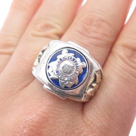 Plainville Stock 10K Gold Sterling Vintage Enamel US Coast Guard Ring Size 10.5
